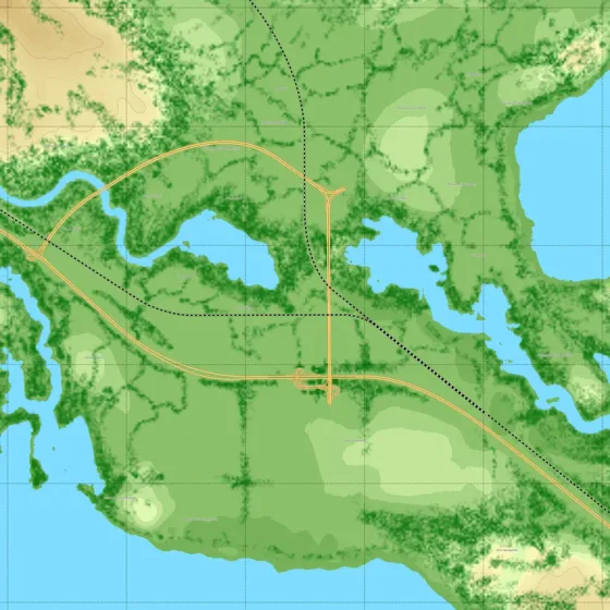 Green land and lakes; only a few roads cross the map.
