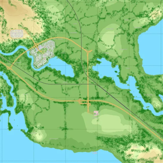 Buildings spread in both clusters and the southern connections reach further.
