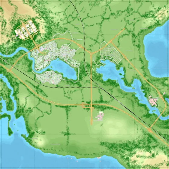 A grid of streets is added to the eastern cluster.