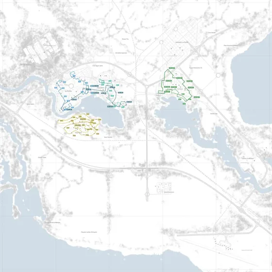 Bus routes run through the western neighbourhoods and the eastern cluster.