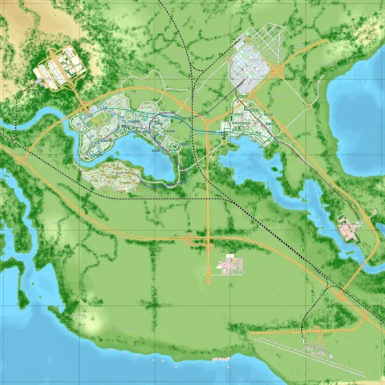 The city now spans both shores of the lake; transport routes appear between its neighbourhoods.