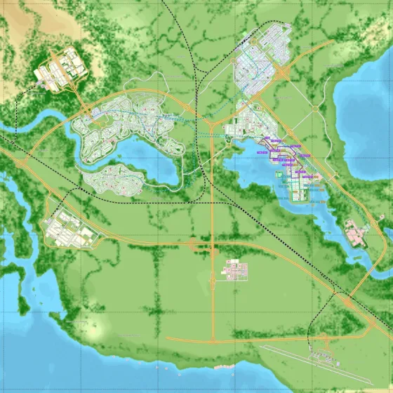 The transport network grows denser in the eastern cluster, beside the lake.