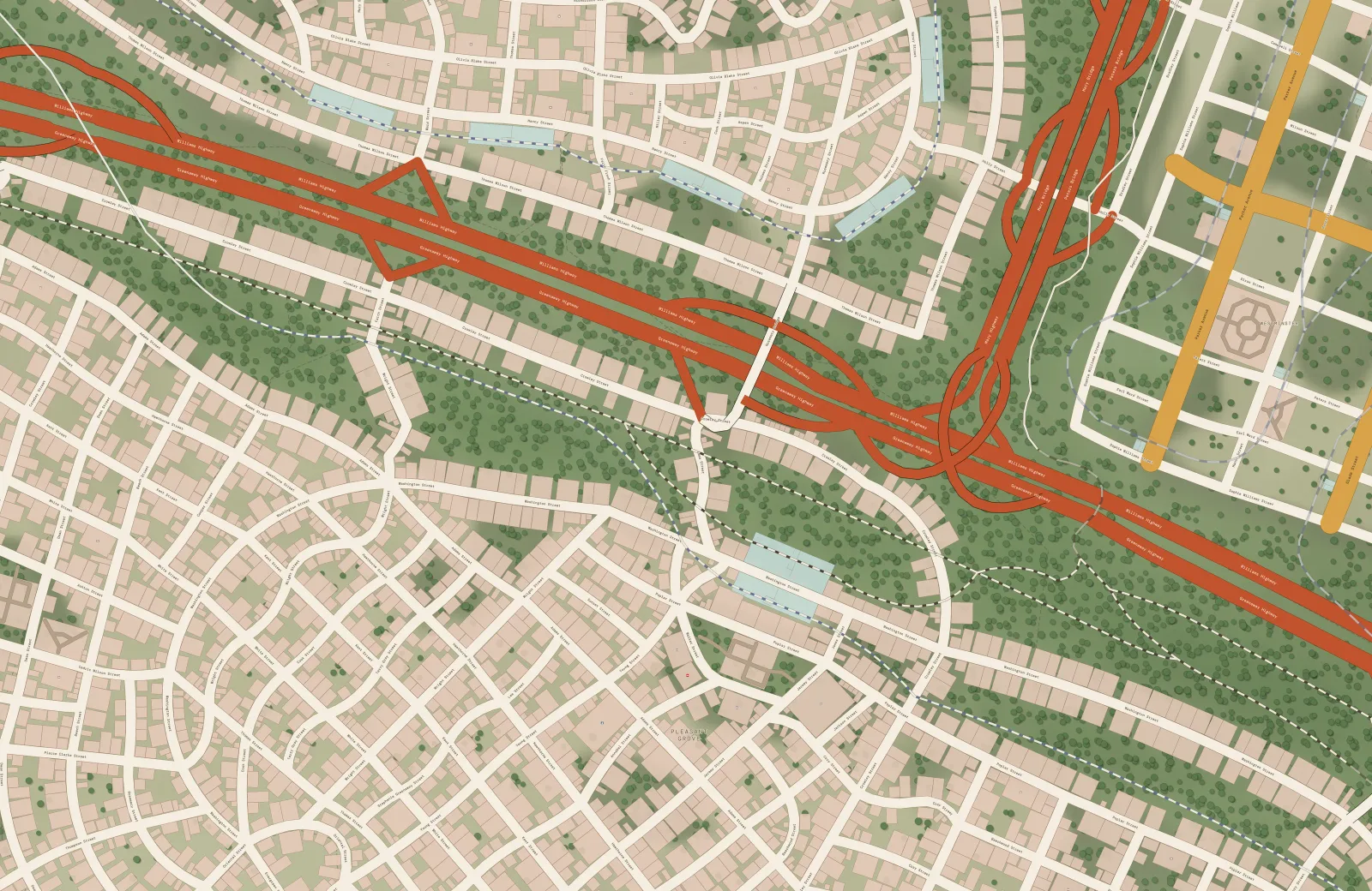 San Rico in the Day theme: a motorway crossing dense neighbourhoods and woods