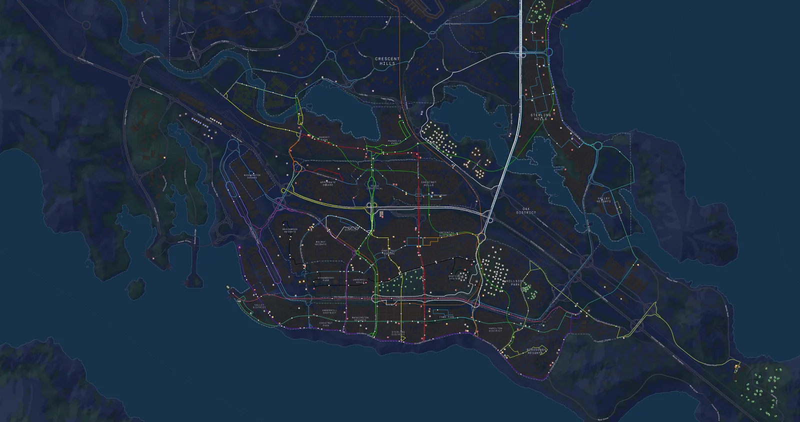 Costa Tijuca in the Transit theme: the transit lines in colour over the dark city