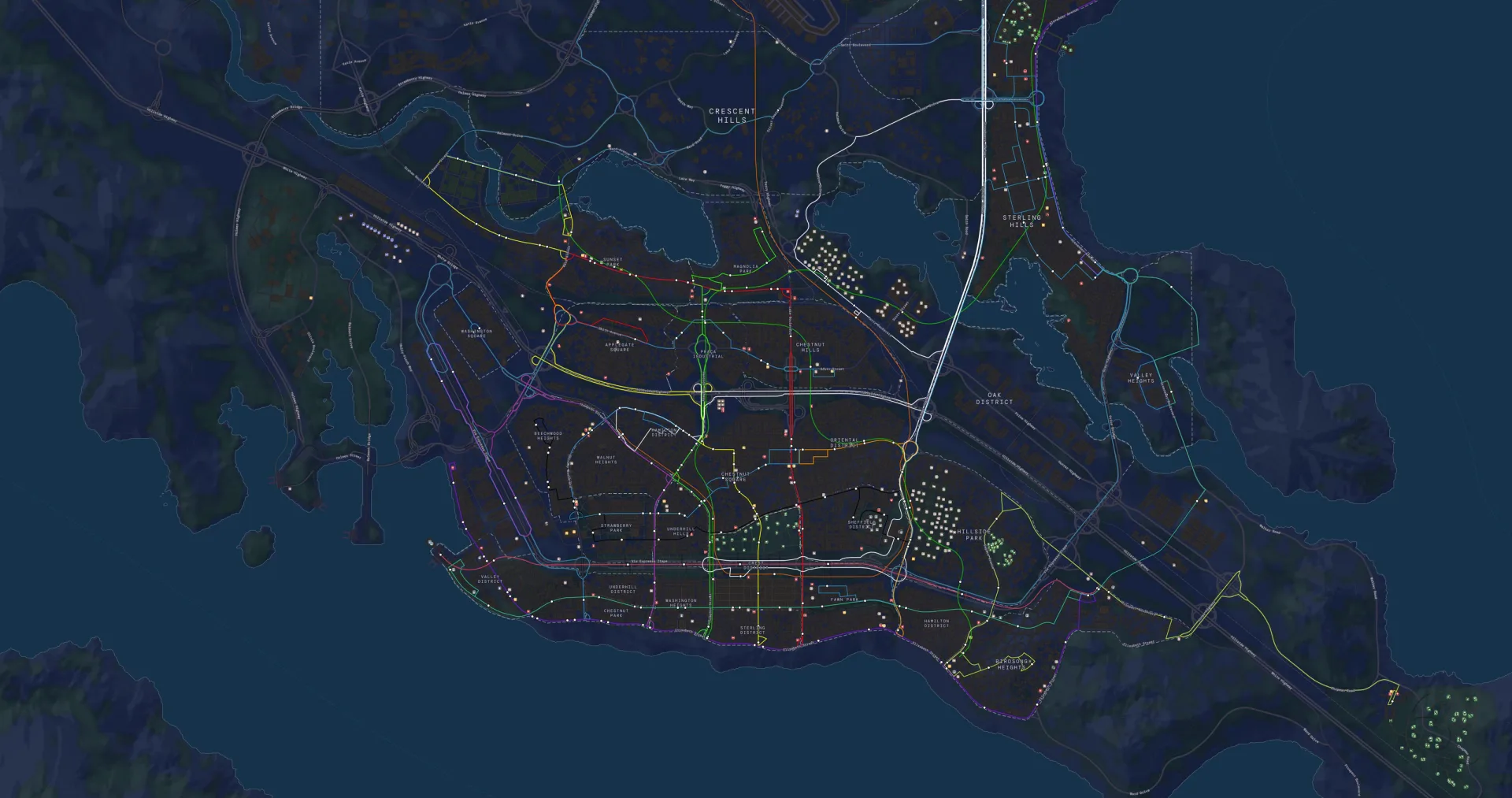 Costa Tijuca in the Transit theme: the transit lines in colour over the dark city