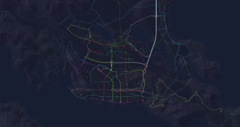 Costa Tijuca in Transit with "Dim other layers": the rest of the map fades over a dark background and only the lines stay in full colour