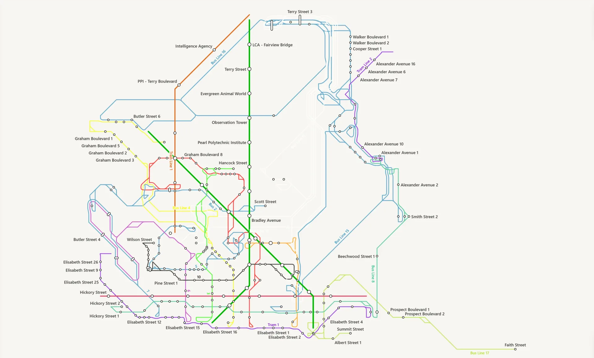 The transit network of Costa Tijuca in the schematic view: lines at 0°, 45° and 90° with their stations labelled