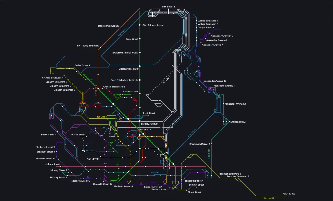 The transit network of Costa Tijuca in the schematic view on the dark Transit background: each line in its own colour, at 0°, 45° and 90°, with its stations labelled