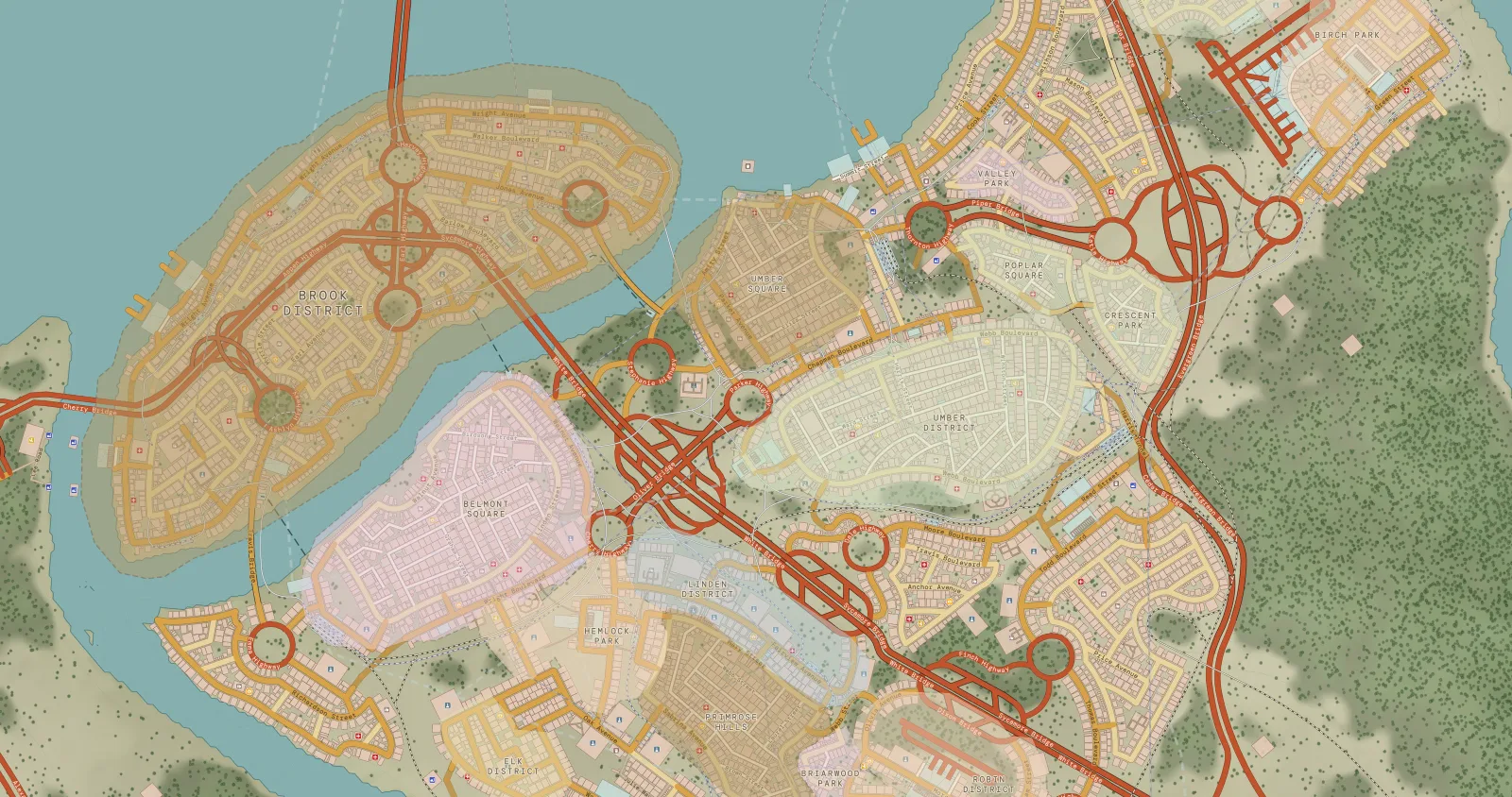 Pepper Lake at neighbourhood zoom: named districts with their boundary and fill, and street names
