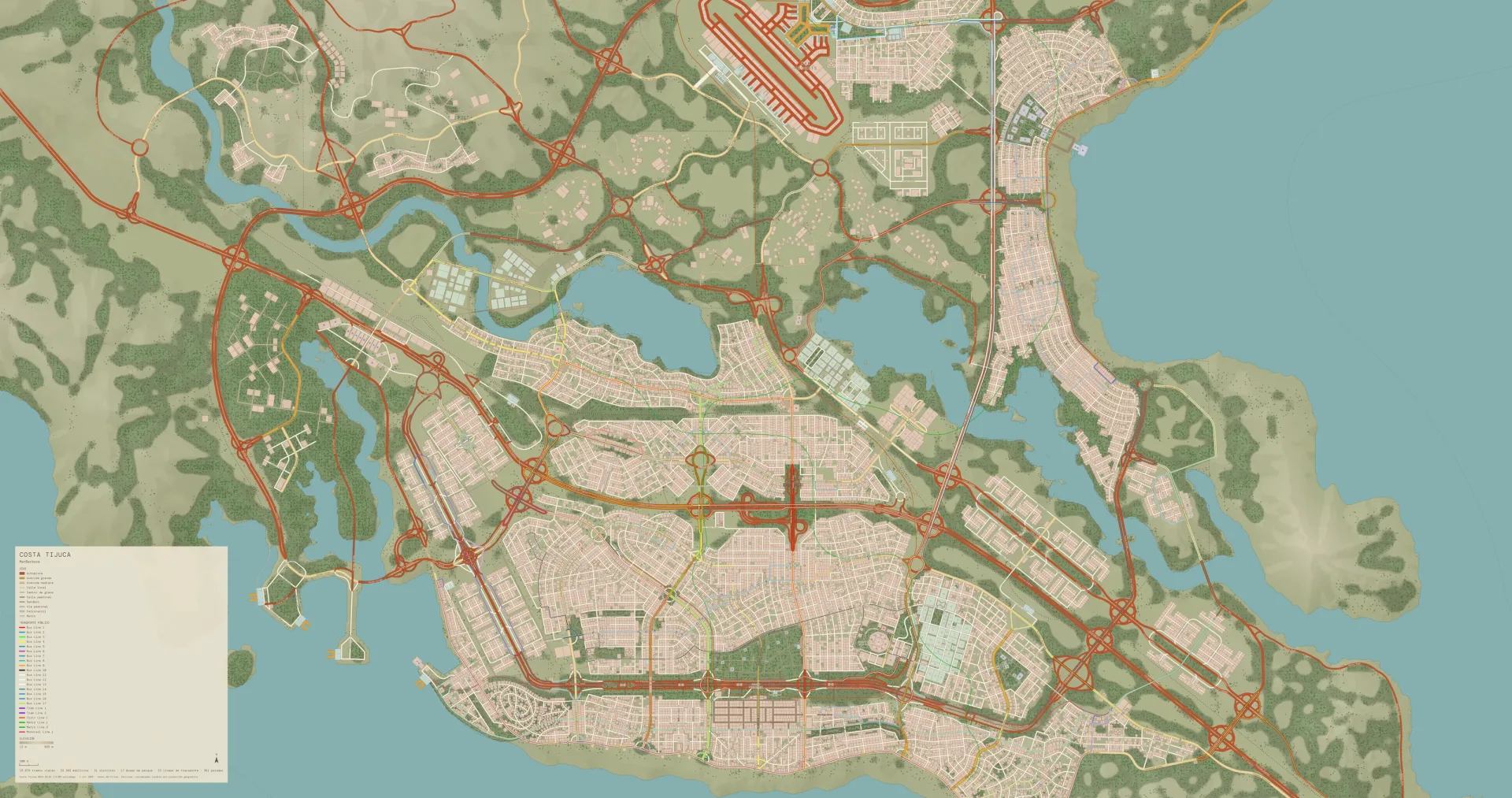 Costa Tijuca exported with its marginalia in the bottom left corner: city name, author, road and line legends, scale bar and north arrow
