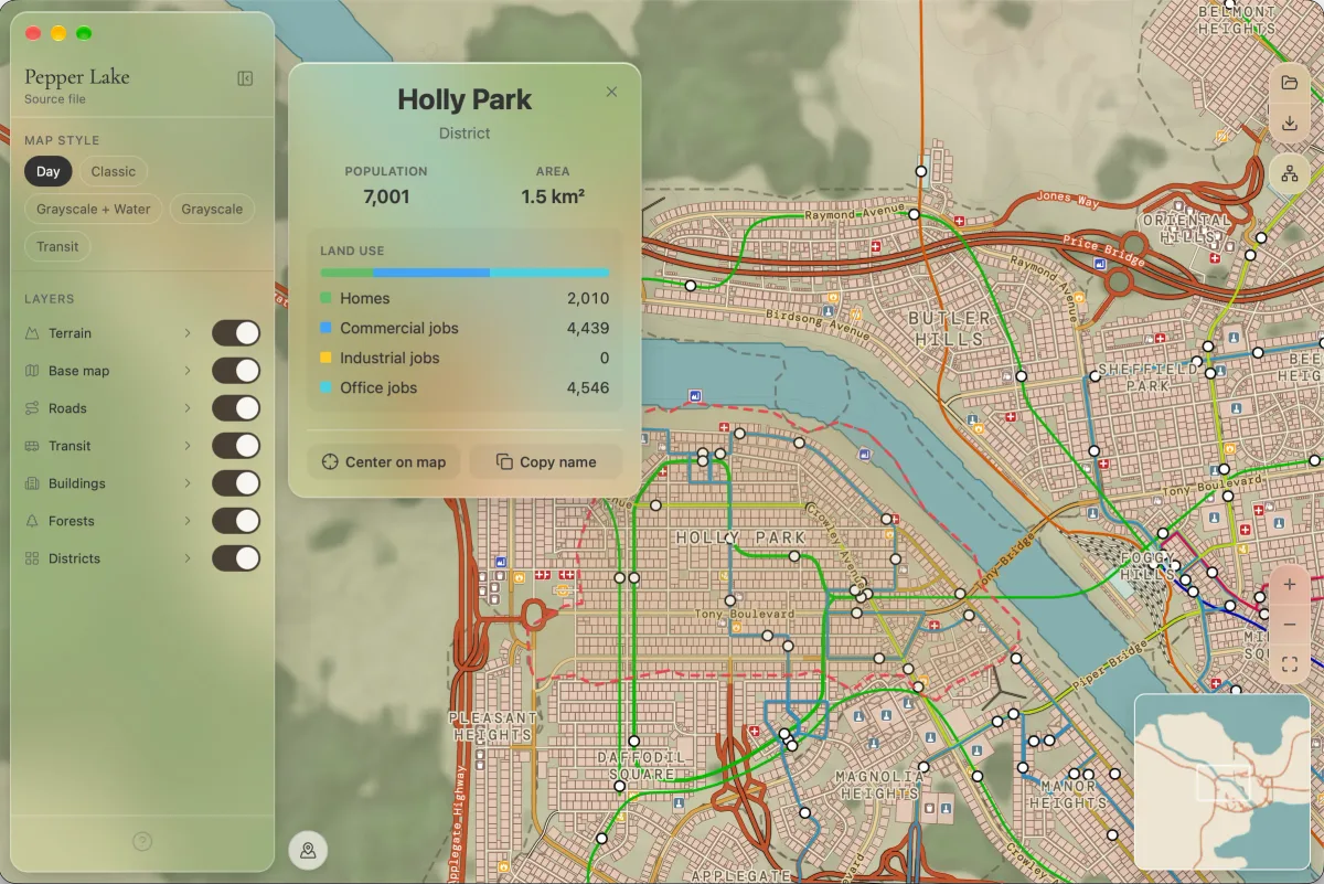Vellum on macOS with Pepper Lake, the sidebar and a place card open