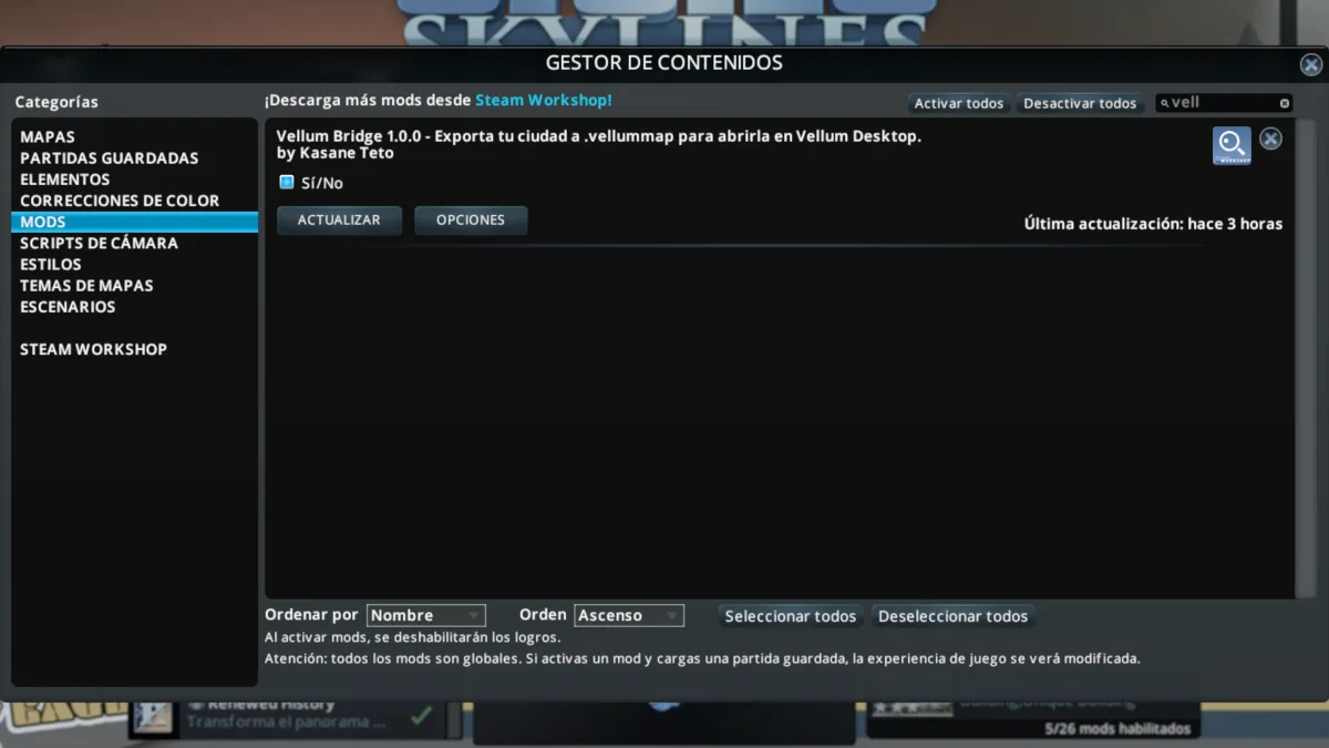 Cities: Skylines, Content Manager → Mods: Vellum Bridge 1.0.0 in the list, enabled