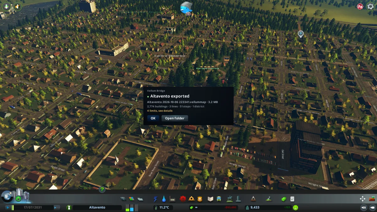 The window Bridge shows in the game when the export is done, with the path of the file