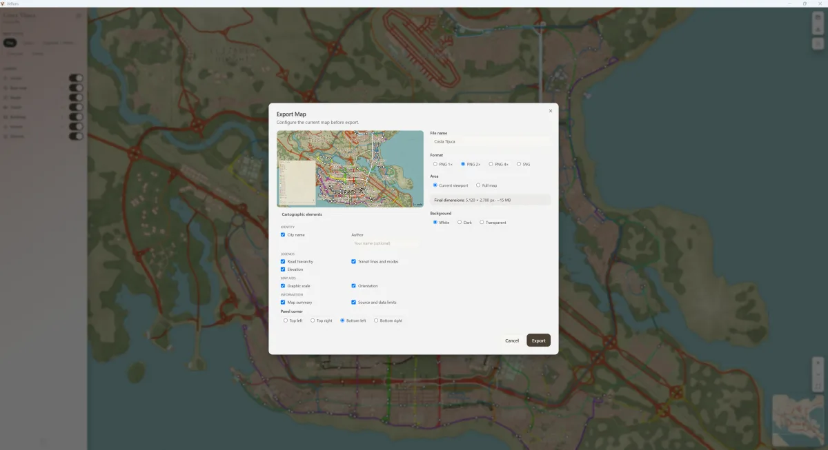 The Export Map dialog over Costa Tijuca in Day: PNG at 2× scale, white background and the marginalia preview