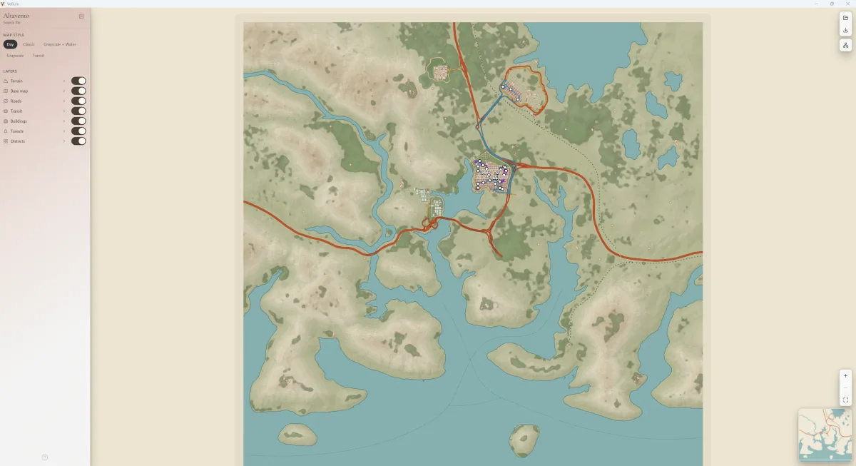 Vellum with Altavento open in Day: every layer on and the sidebar with the layer list and the map style