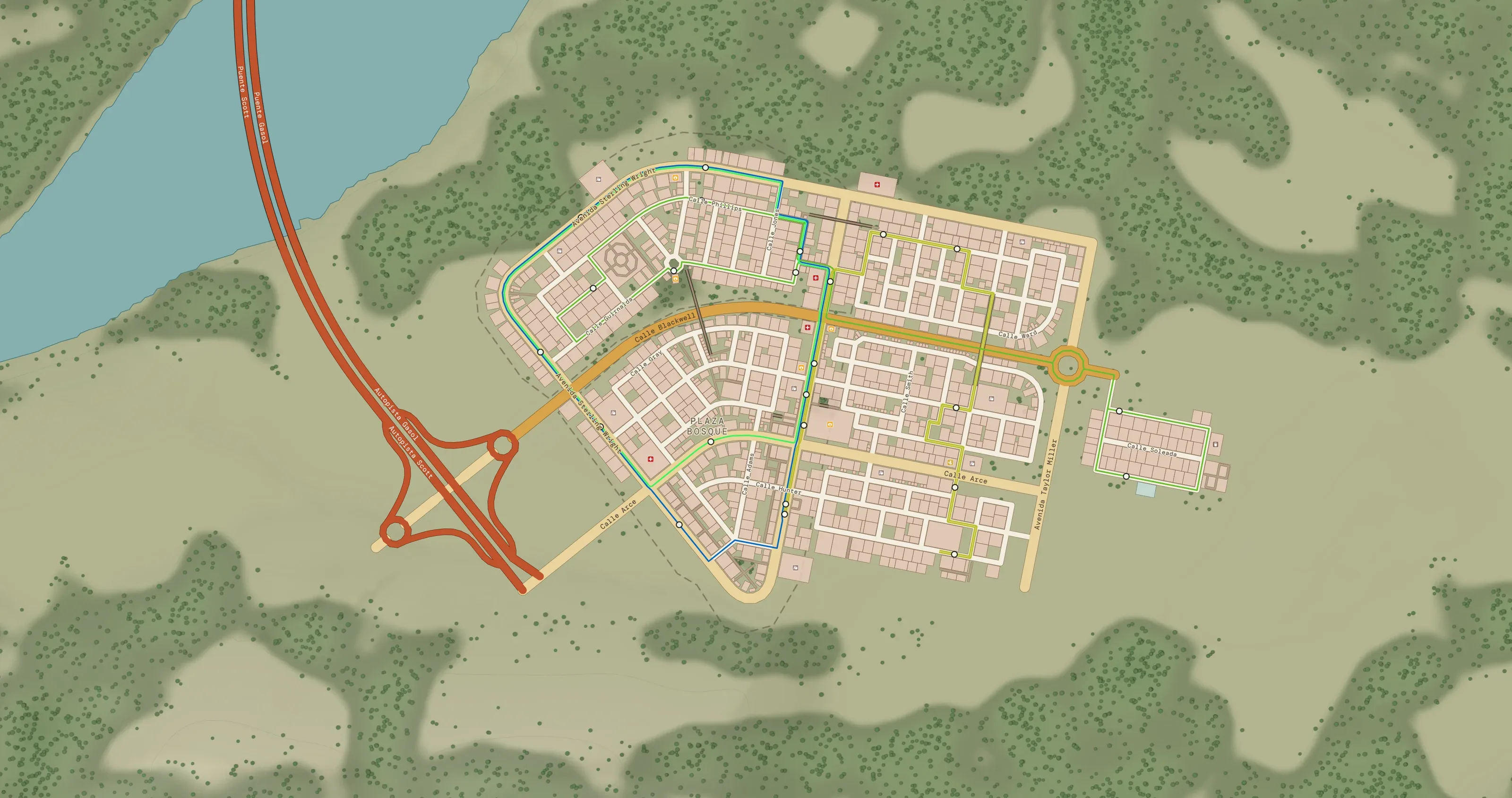 A whole city in the Day theme: its streets and blocks in a clearing of the forest, a river to the north-west and a motorway passing to the west